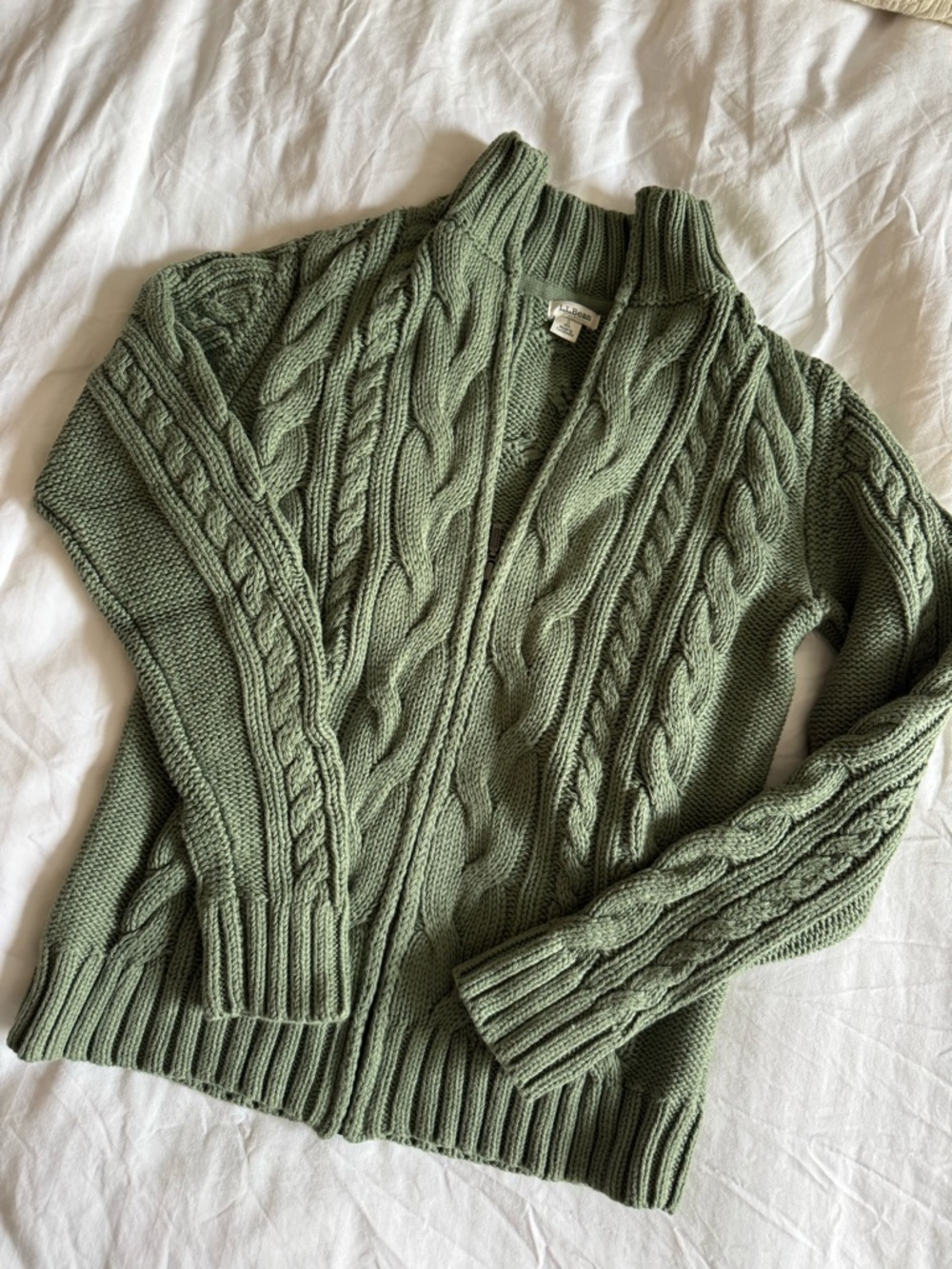 L.L. Bean Olive Green Cable Knit Zip Cardigan Double L Sweater